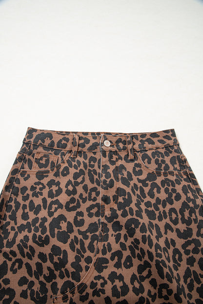 Brown Leopard Frayed Split Denim Midi Skirt - HieuLuxe