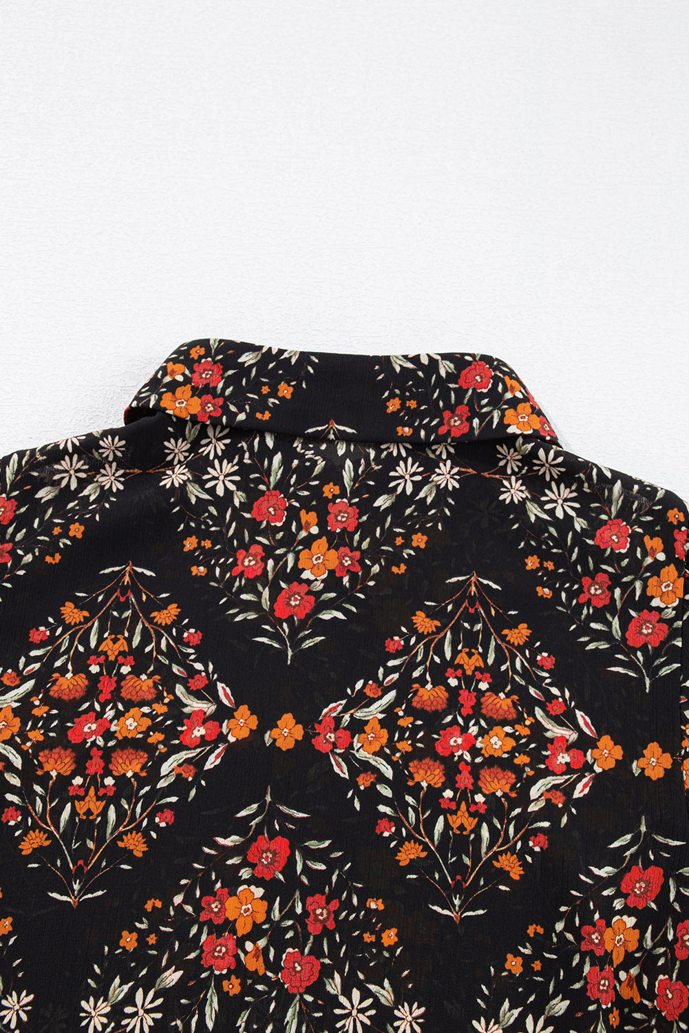 Black Floral Print Collared Button Up Puff Sleeve Shirt - HieuLuxe