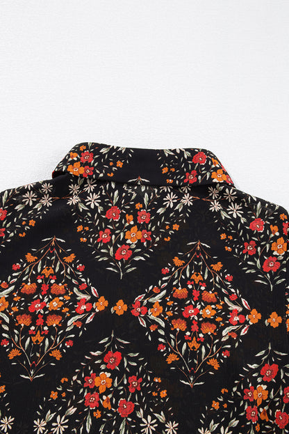 Black Floral Print Collared Button Up Puff Sleeve Shirt - HieuLuxe