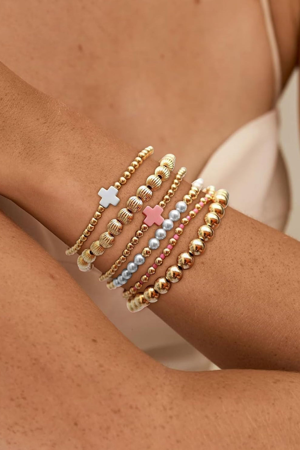 Gold Pearl Cross Beaded Stretch Bracelet Set - HieuLuxe