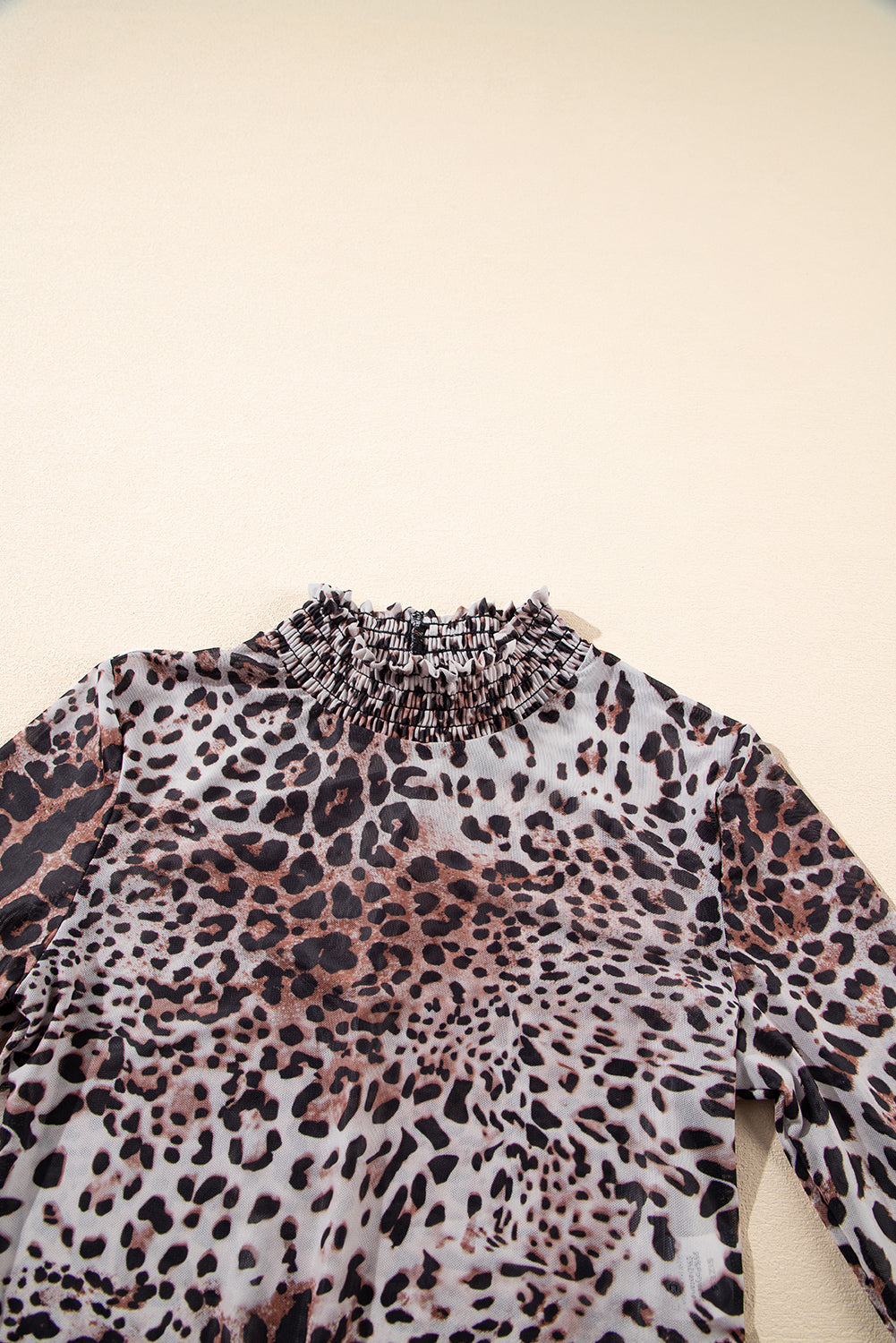 Brown Allover Leopard Print Smocked Neck Mesh Bodysuit - HieuLuxe