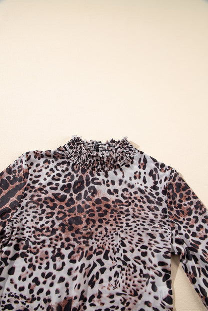Brown Allover Leopard Print Smocked Neck Mesh Bodysuit - HieuLuxe