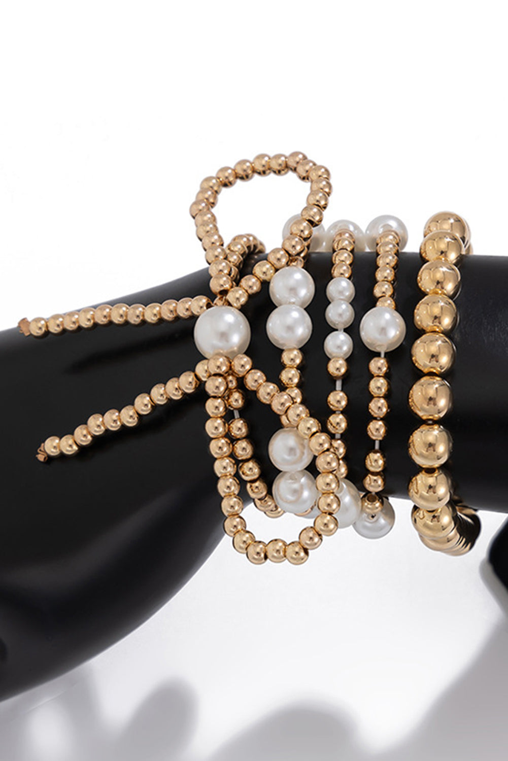 Gold Bow Knot Pearl Beaded Multi Layered Bracelet Set - HieuLuxe