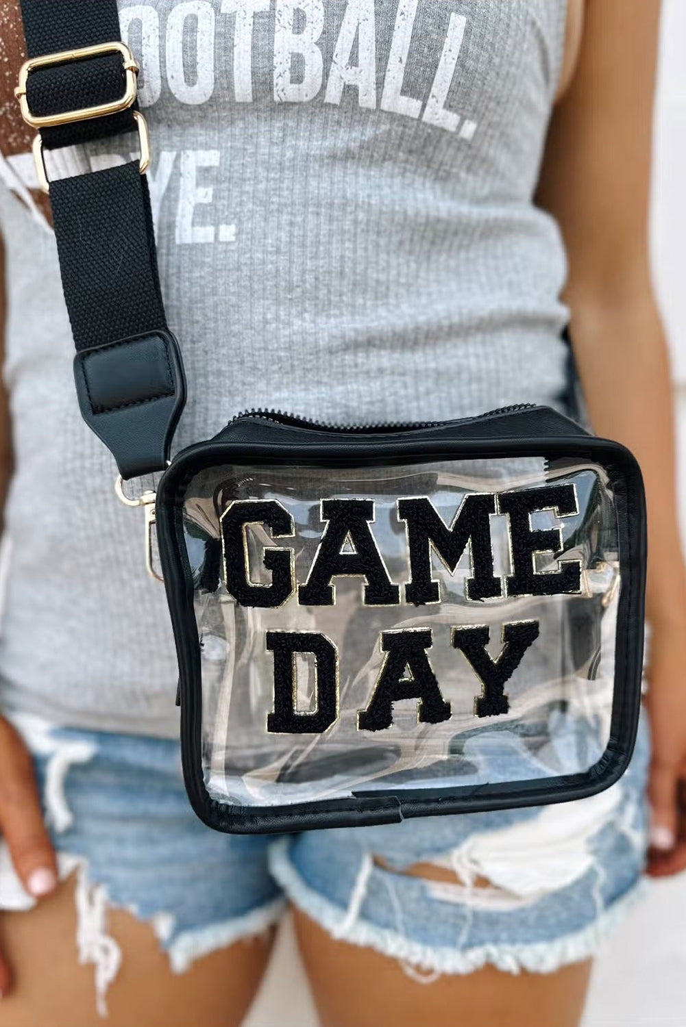 Black Chenille GAME DAY Pattern Clear Bag - HieuLuxe