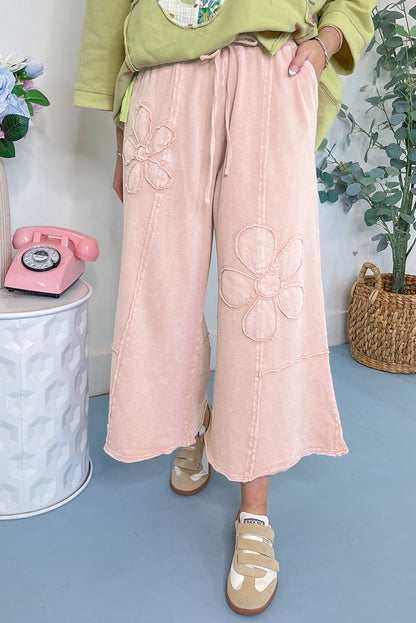Pink Flower Patch Mineral Washed Cropped Wide Leg Pants - HieuLuxe