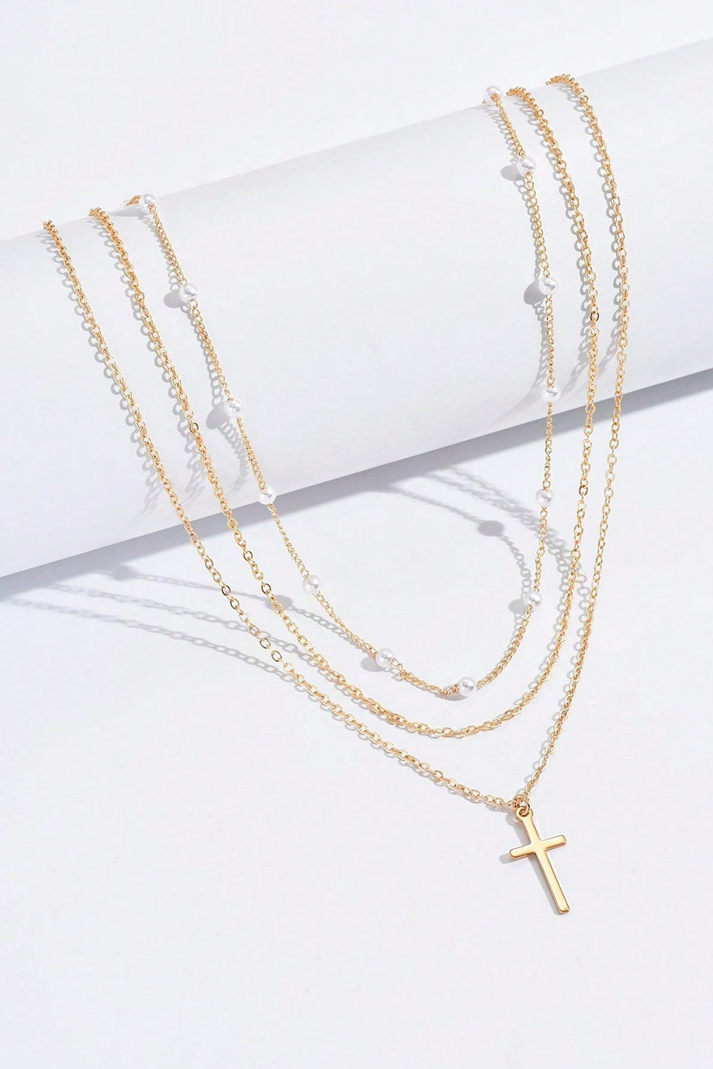 Gold Retro Multi-Layer Pearl and Cross Pendant Necklace Set - HieuLuxe