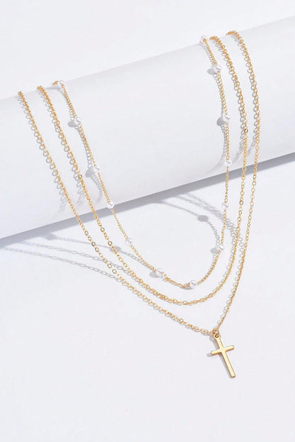 Gold Retro Multi-Layer Pearl and Cross Pendant Necklace Set - HieuLuxe