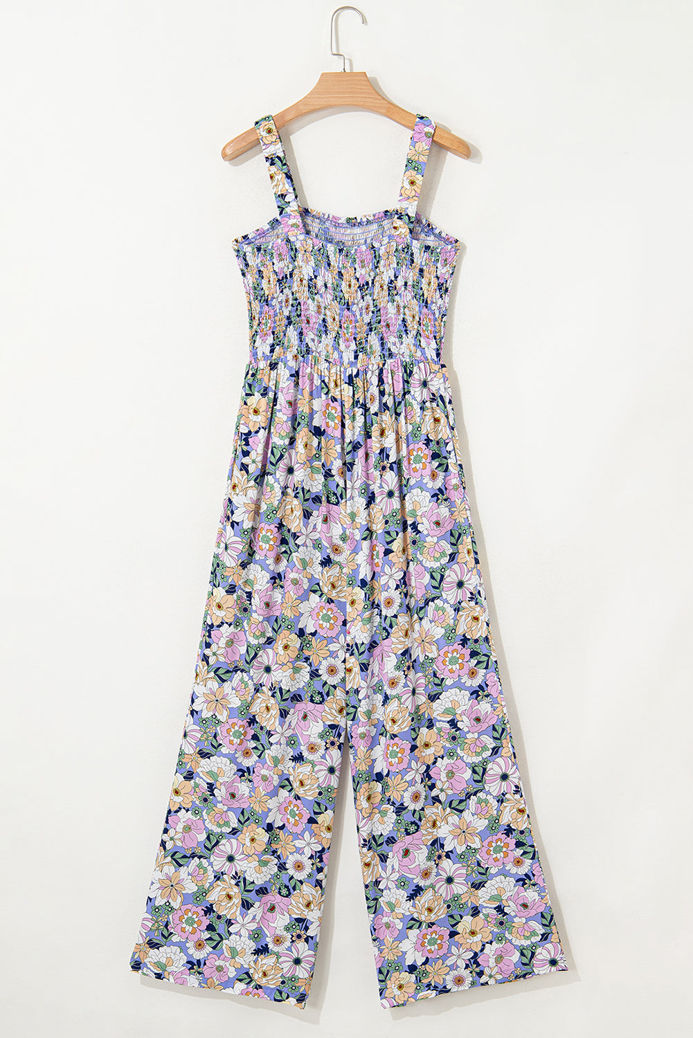 Purple Floral Square Neckline Stretch High Waist Jumpsuit - HieuLuxe