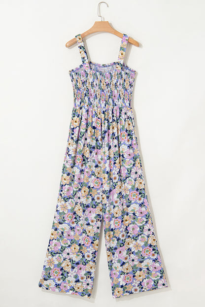 Purple Floral Square Neckline Stretch High Waist Jumpsuit - HieuLuxe