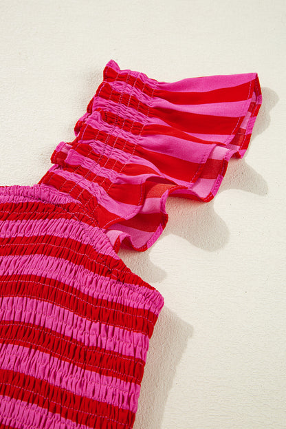 Rose Stripe Ruffle Strap Shirred Bodice Tiered Maxi Dress - HieuLuxe