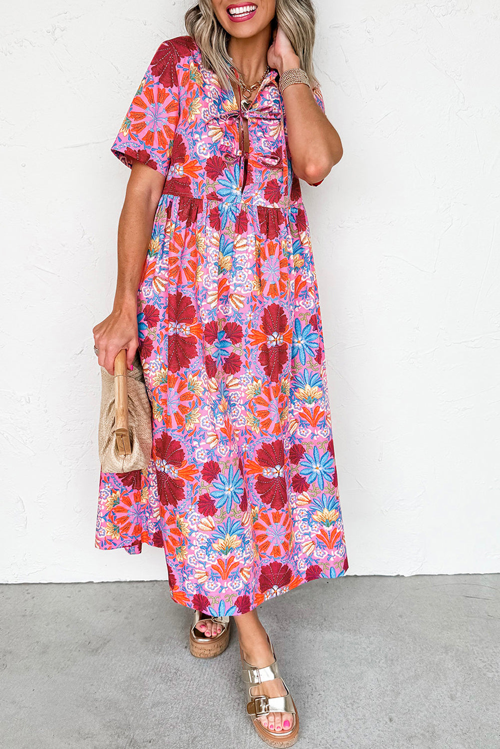 Rose Floral Print Tie Front High Waist Loose Midi Dress - HieuLuxe