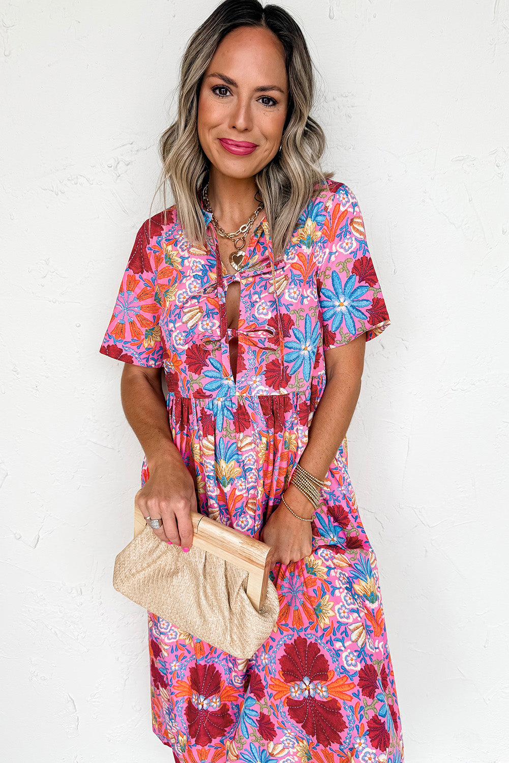 Rose Floral Print Tie Front High Waist Loose Midi Dress - HieuLuxe