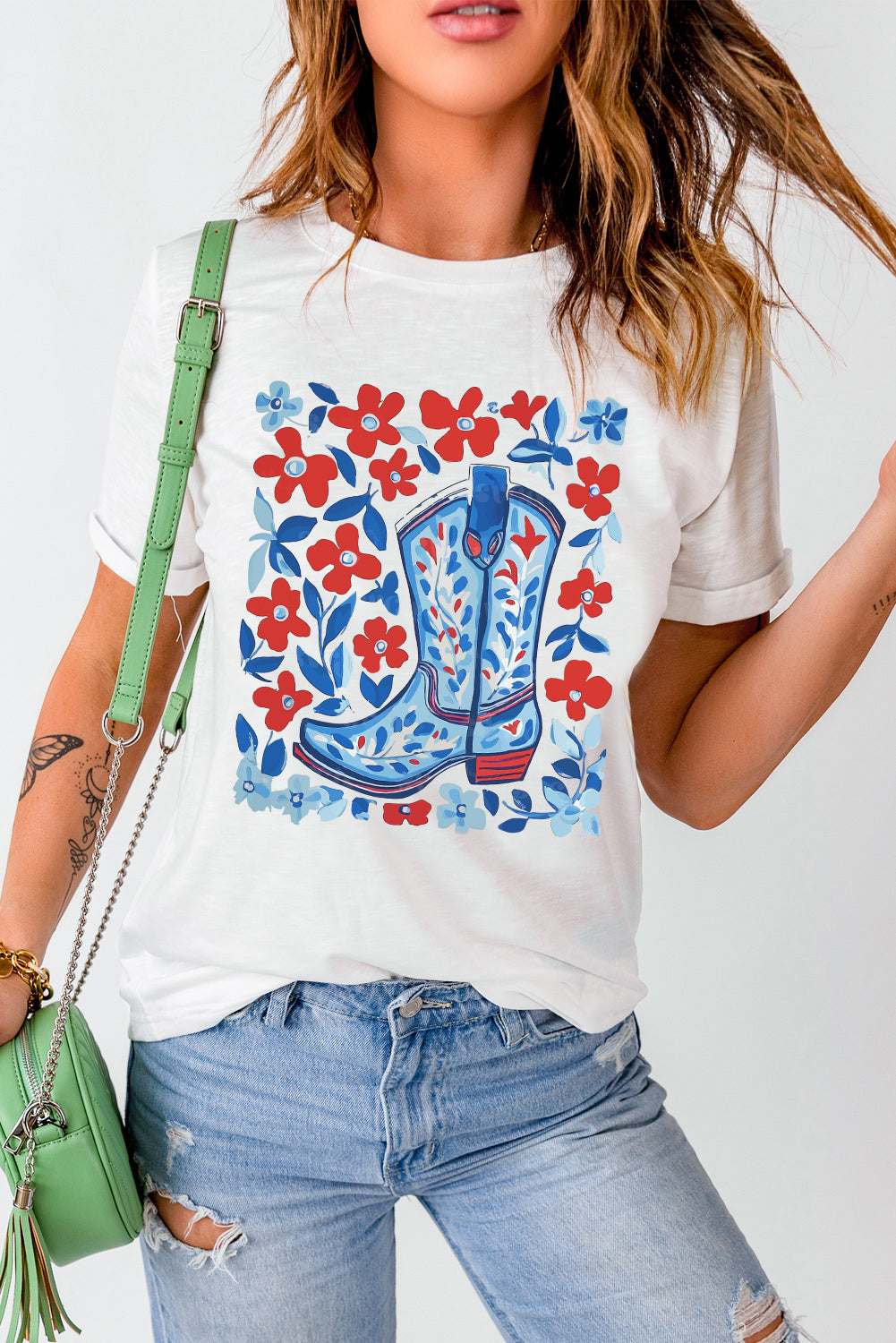 White Floral Western Boots Printed Cotton Blend T Shirt - HieuLuxe
