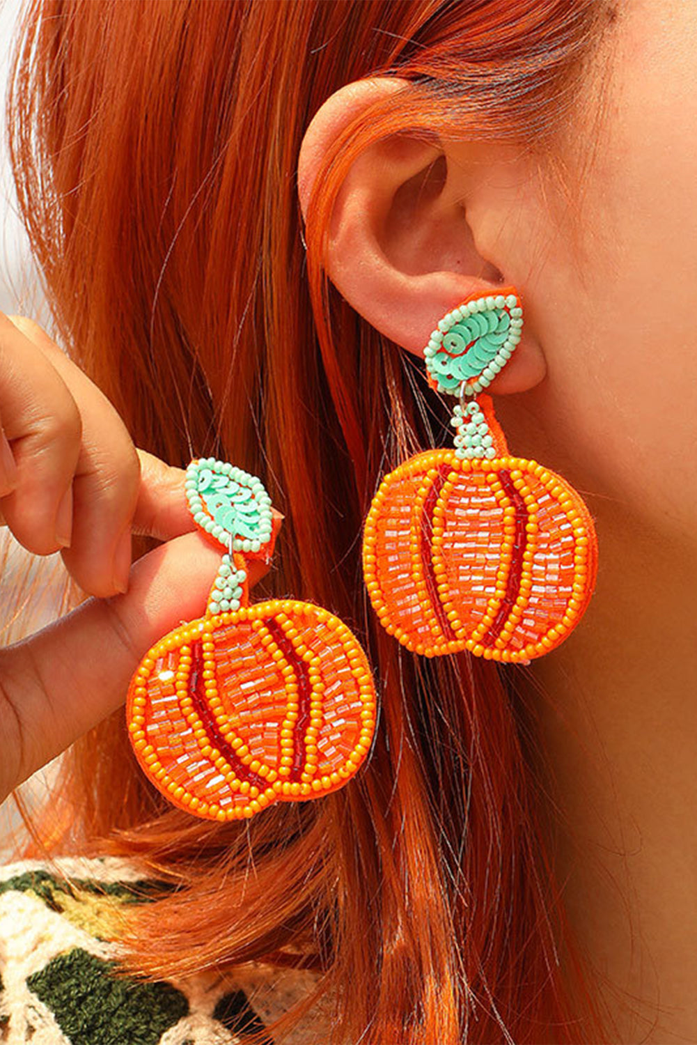 Orange Halloween Pumpkin Rice Beaded Drop Earrings - HieuLuxe