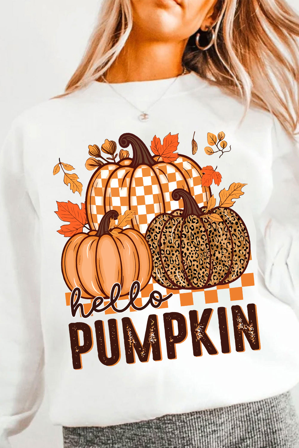 White Hello Pumpkin Thanksgiving Graphic Sweatshirt - HieuLuxe