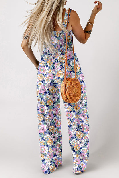 Purple Floral Square Neckline Stretch High Waist Jumpsuit - HieuLuxe