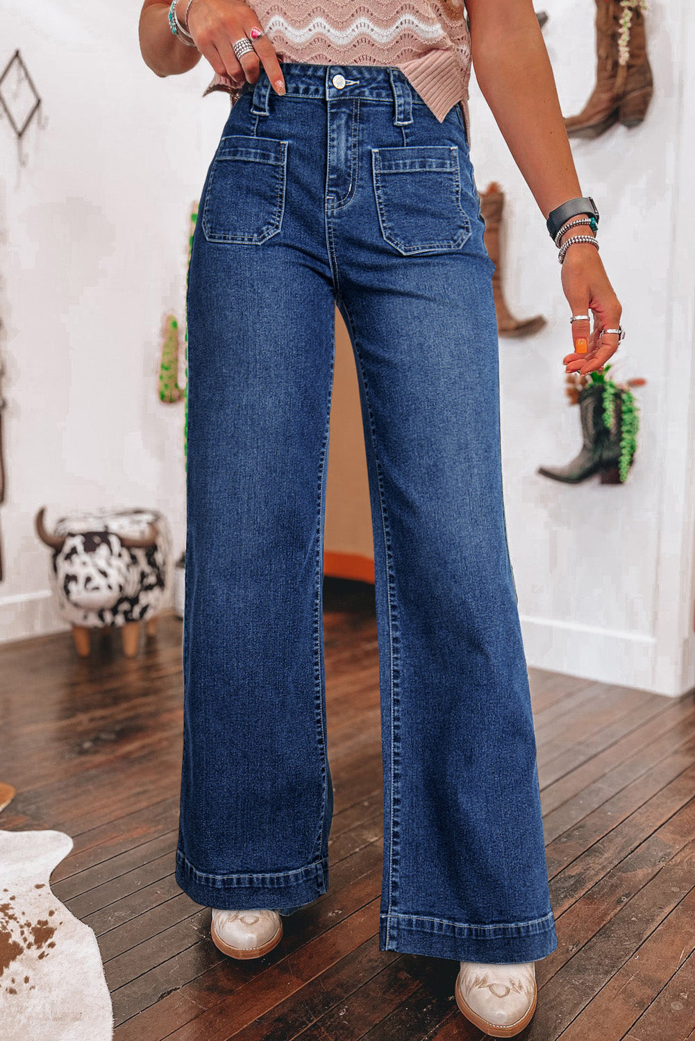 Sail Blue Wide Leg Pocketed High Waist Jeans - HieuLuxe