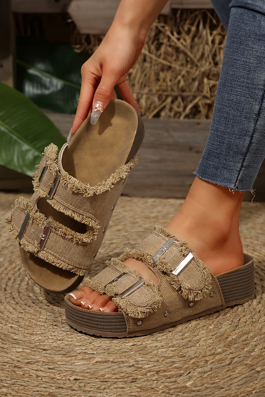 Pale Khaki Double Buckle Straps Frayed Detial Retro Slippers - HieuLuxe