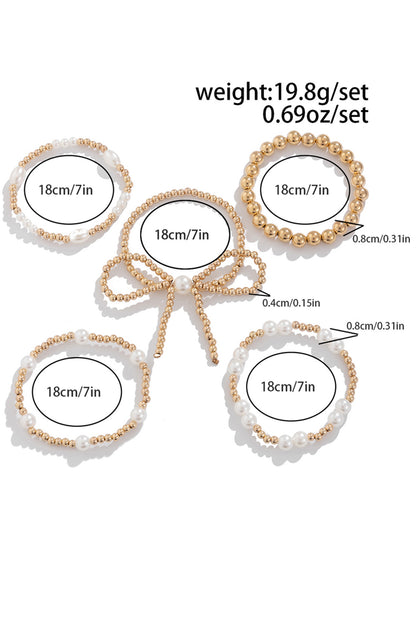 Gold Bow Knot Pearl Beaded Multi Layered Bracelet Set - HieuLuxe