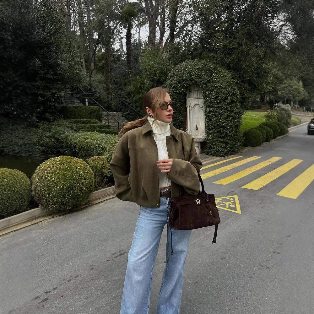 Green Suede Bomber Jacket Coat