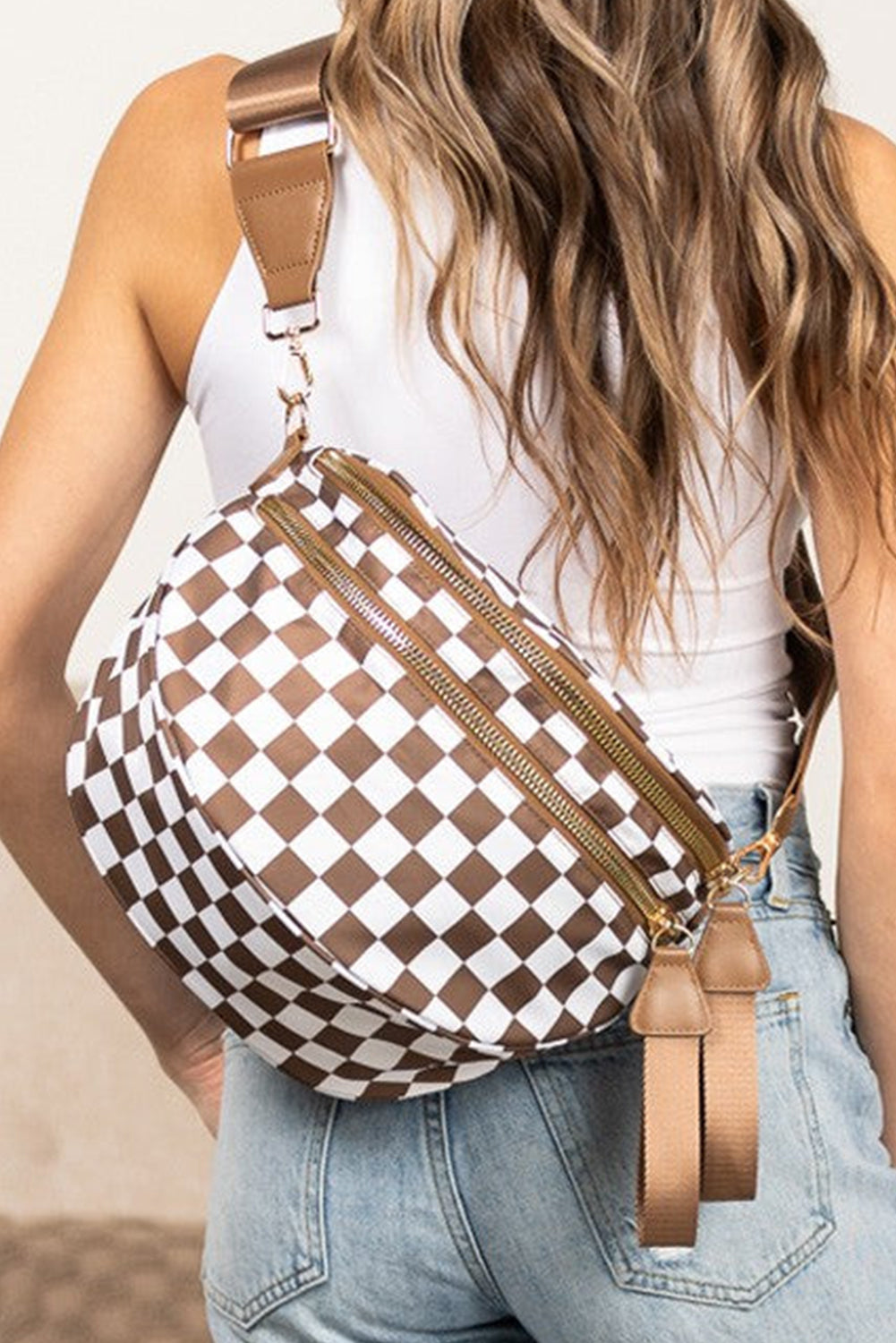 Chestnut Checkered Print Wide Strap Large Crossbody Bag - HieuLuxe