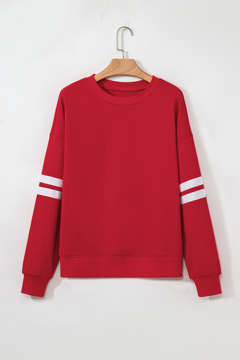 Fiery Red Preppy Striped Sleeve Loose Sweatshirt - HieuLuxe