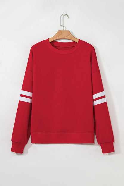 Fiery Red Preppy Striped Sleeve Loose Sweatshirt - HieuLuxe