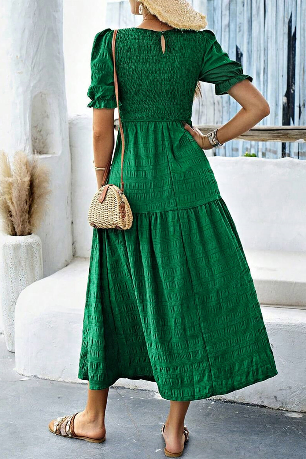 Dark Green Solid Textured Shirred High Waist Midi Dress - HieuLuxe