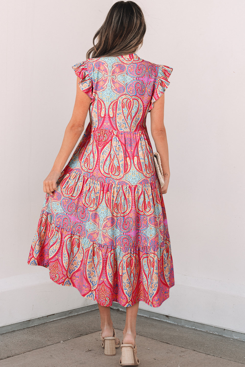Rose Ethnic Paisley Print Ruffle Sleeve Notch Neck Midi Dress - HieuLuxe