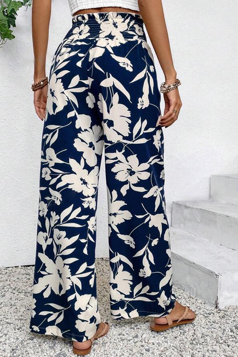 Blue Floral Smocked Frill Waist Wide Leg Pants - HieuLuxe