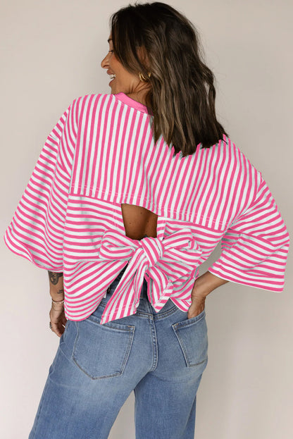 Pink Striped Bowknot Backless Drop Sleeve T-Shirt - HieuLuxe