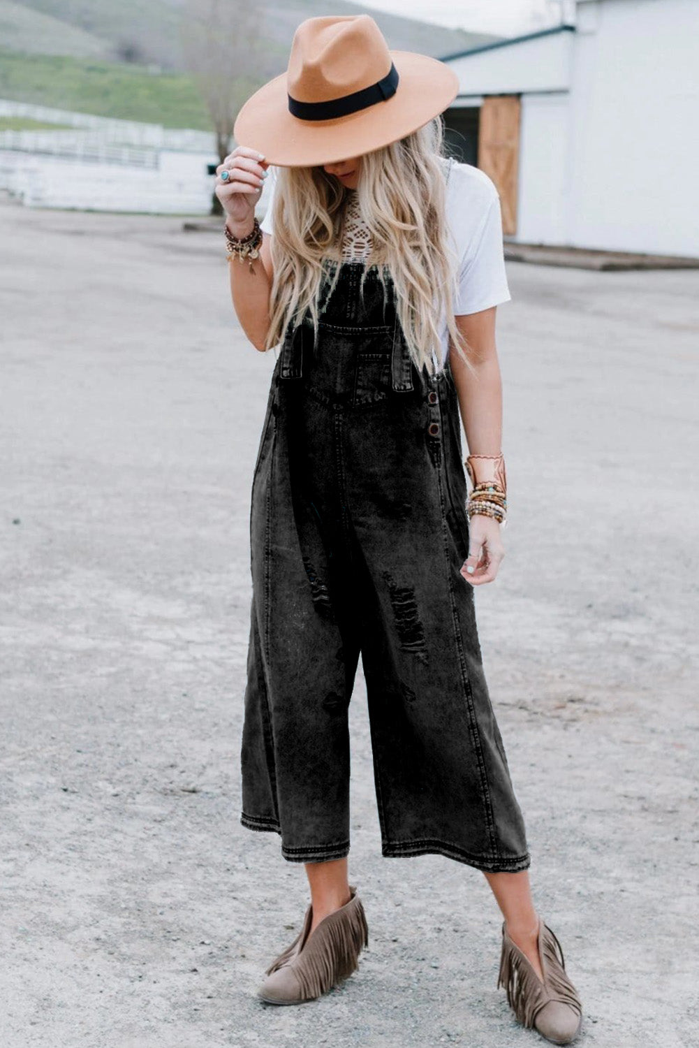 Black Distressed Bib Pocket Wide Leg Denim Overall - HieuLuxe