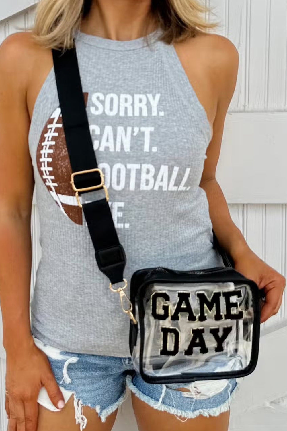 Black Chenille GAME DAY Pattern Clear Bag - HieuLuxe