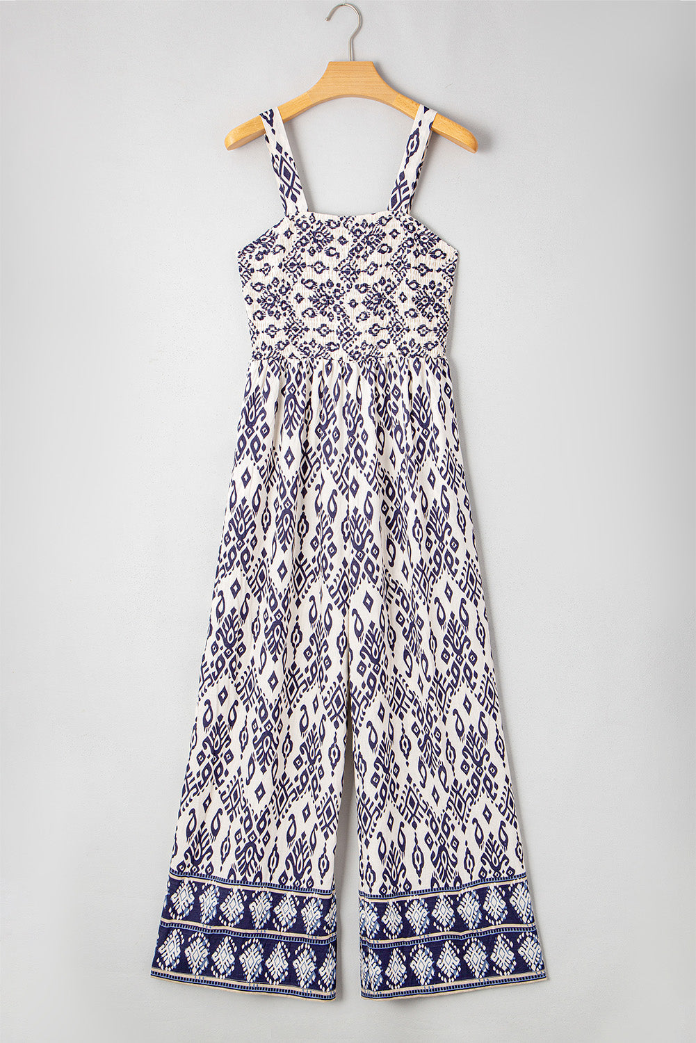 Blue Boho Geometric Print Smocked High Waist Wide Leg Jumpsuit - HieuLuxe