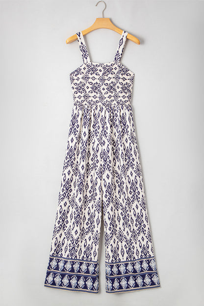 Blue Boho Geometric Print Smocked High Waist Wide Leg Jumpsuit - HieuLuxe
