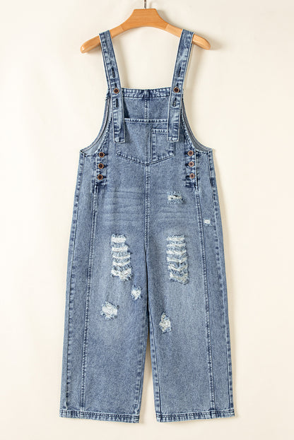 Stone Blue Distressed Bib Pocket Wide Leg Denim Overall - HieuLuxe