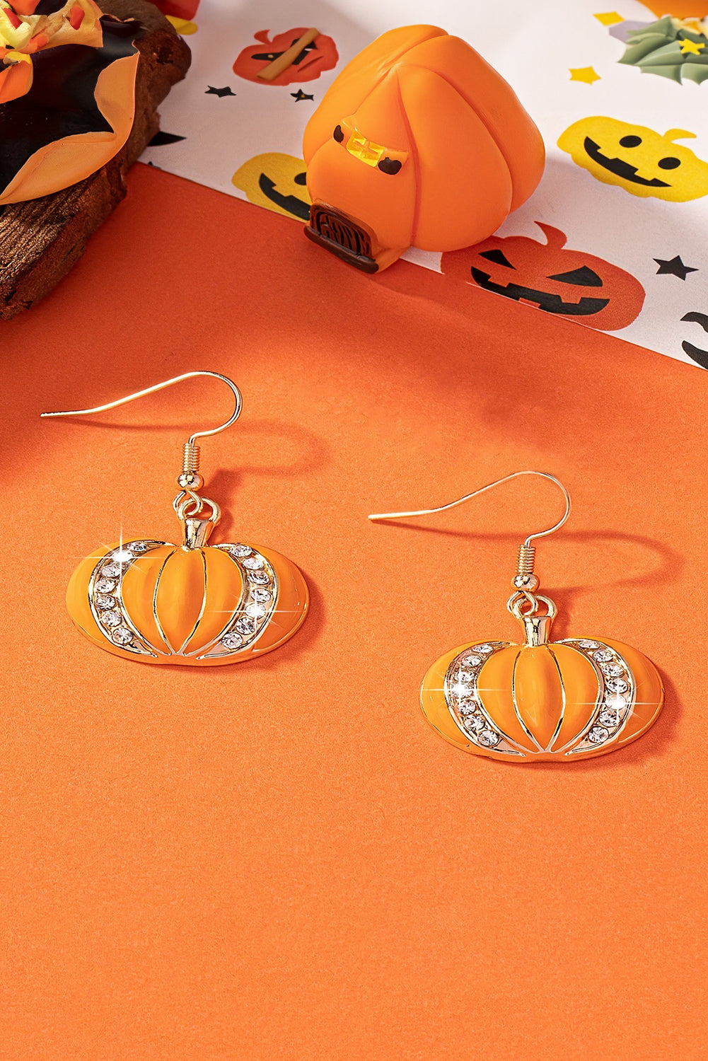 Orange Halloween Rhinestone Pumpkin Hook Earrings - HieuLuxe