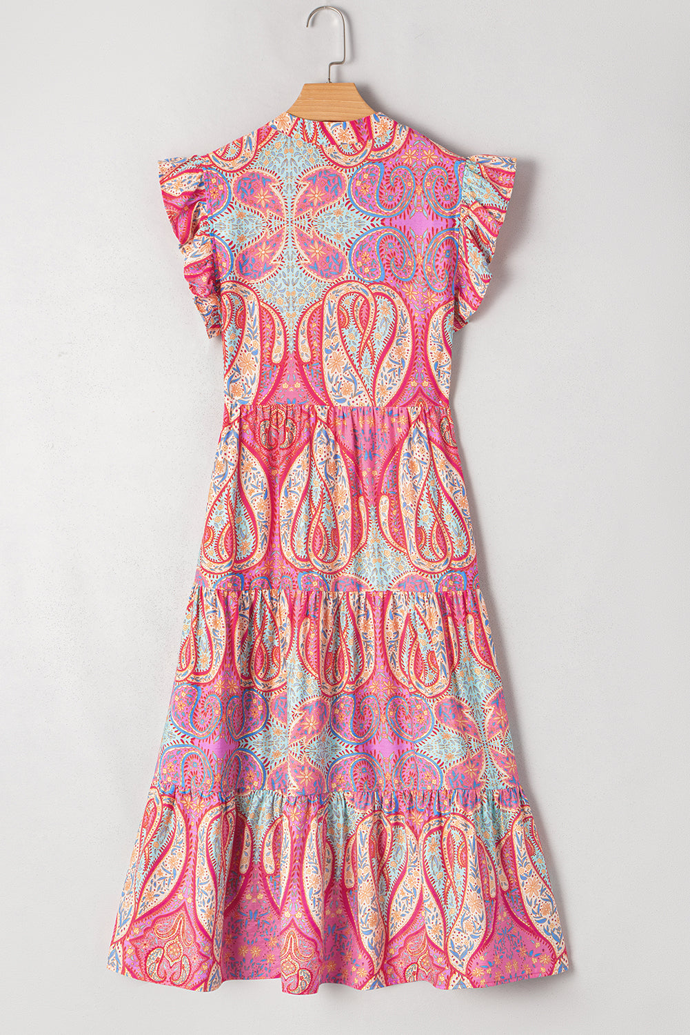 Rose Ethnic Paisley Print Ruffle Sleeve Notch Neck Midi Dress - HieuLuxe
