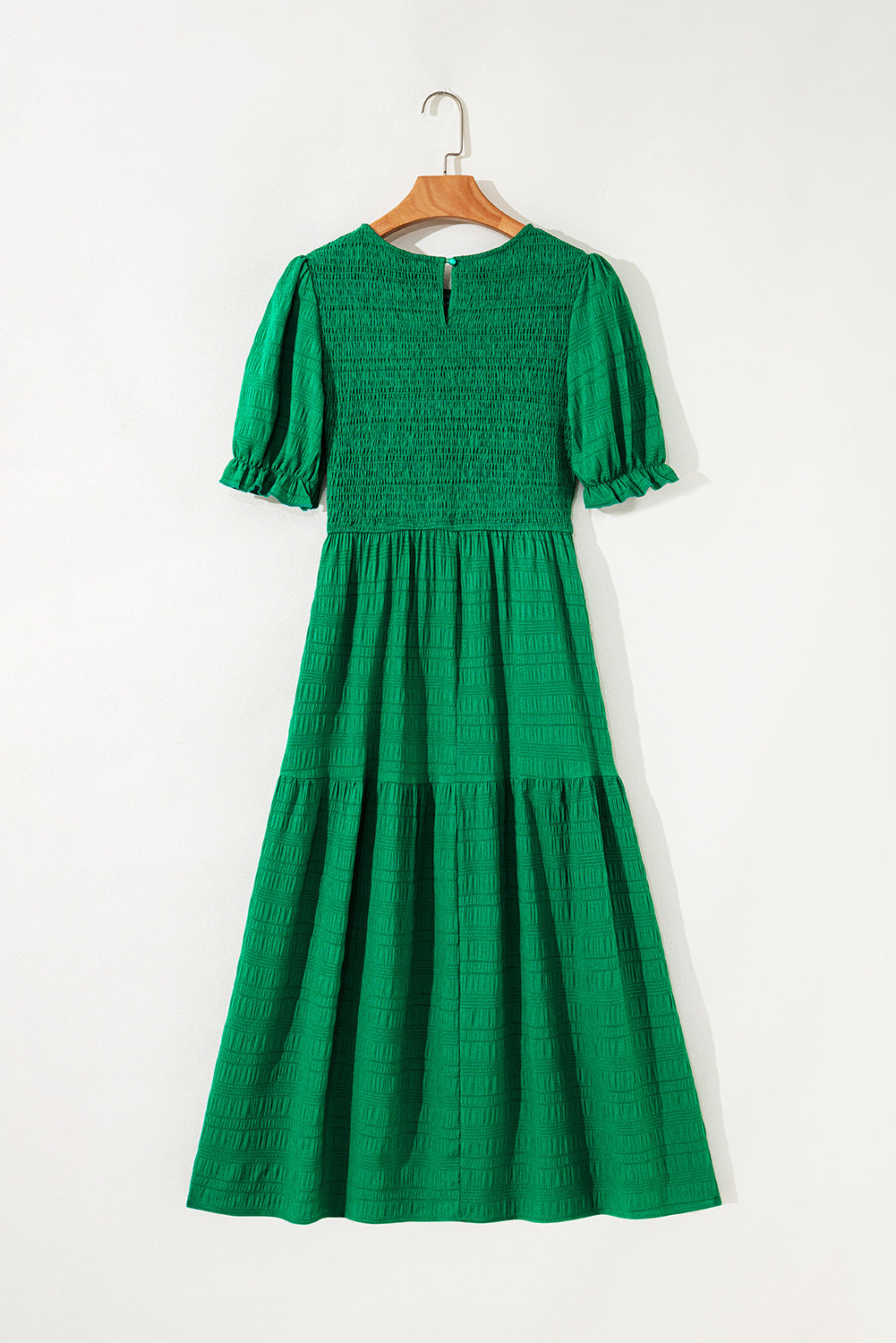 Dark Green Solid Textured Shirred High Waist Midi Dress - HieuLuxe