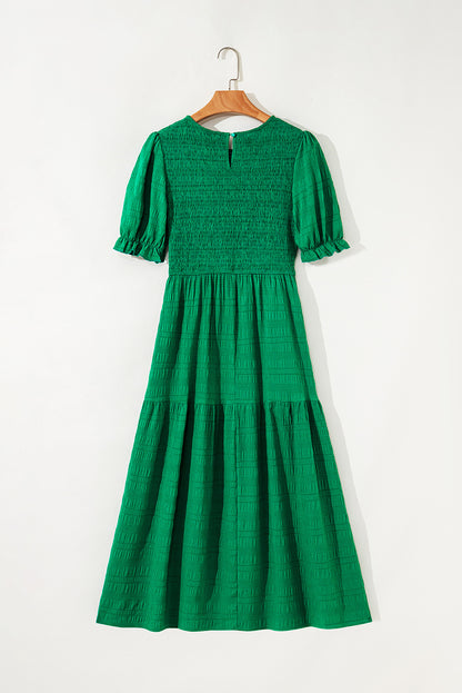 Dark Green Solid Textured Shirred High Waist Midi Dress - HieuLuxe