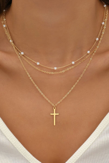 Gold Retro Multi-Layer Pearl and Cross Pendant Necklace Set - HieuLuxe
