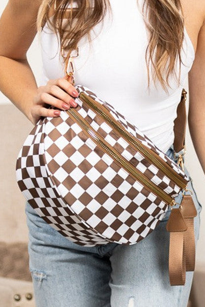 Chestnut Checkered Print Wide Strap Large Crossbody Bag - HieuLuxe