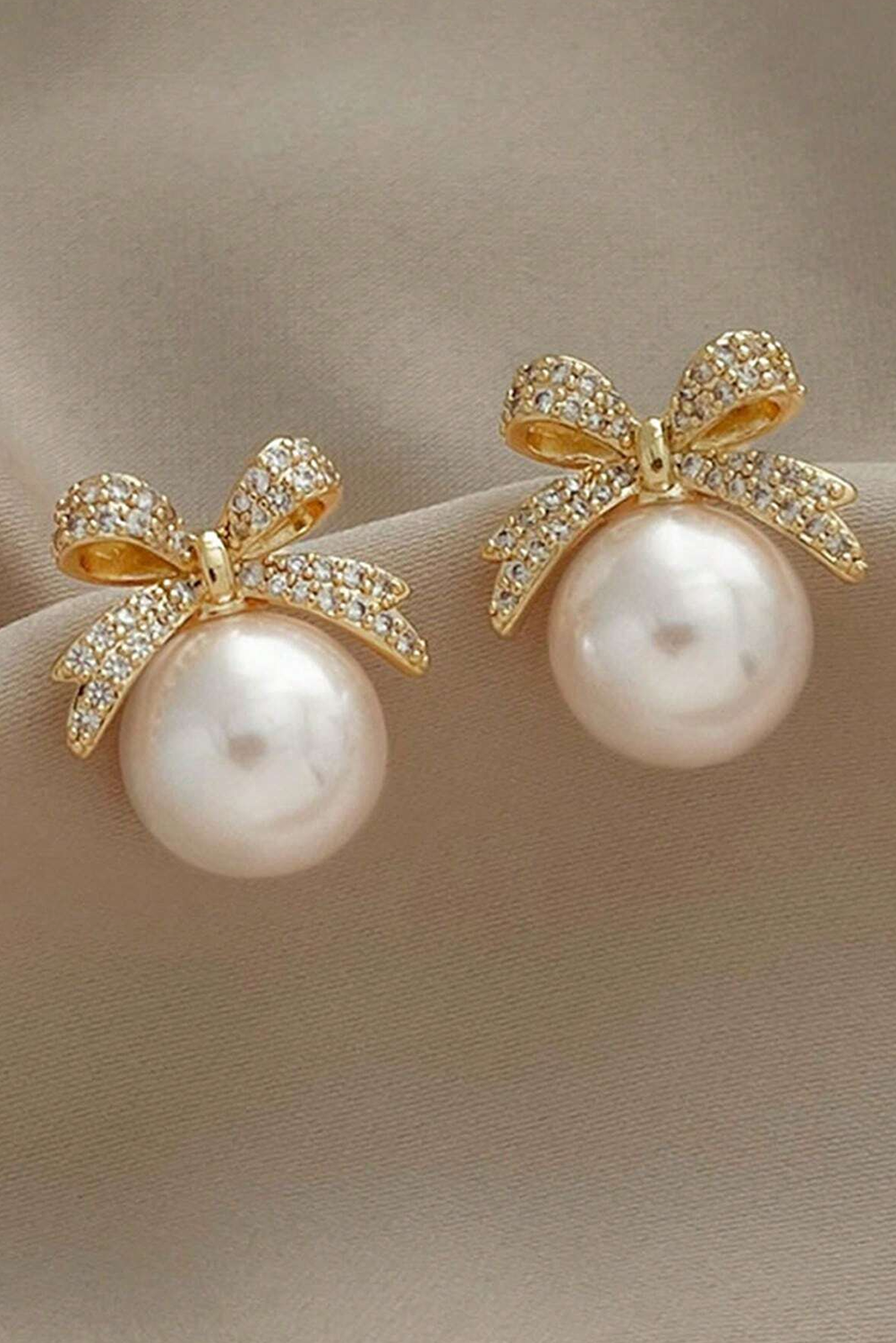 Gold Rhinestone Bowknot Pearl Earrings - HieuLuxe