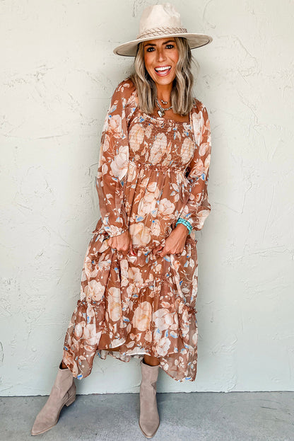 Brown Floral Print Shirred Square Neck High Waist Maxi Dress - HieuLuxe