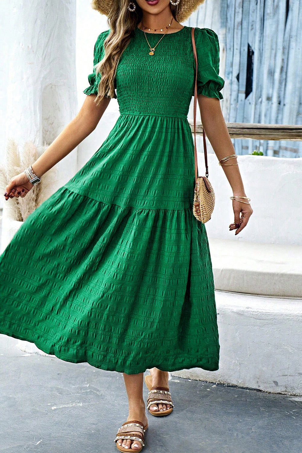 Dark Green Solid Textured Shirred High Waist Midi Dress - HieuLuxe