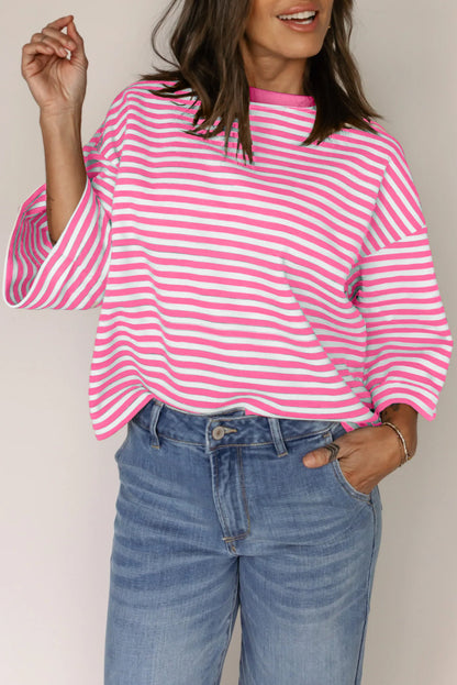 Pink Striped Bowknot Backless Drop Sleeve T-Shirt - HieuLuxe