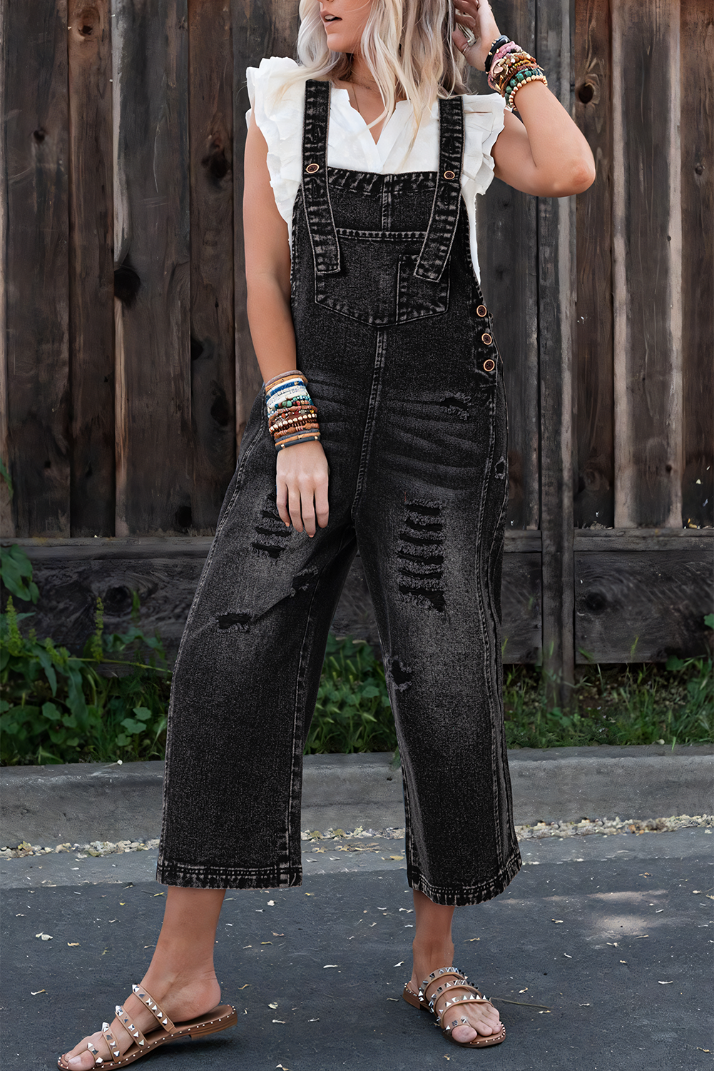 Black Distressed Bib Pocket Wide Leg Denim Overall - HieuLuxe