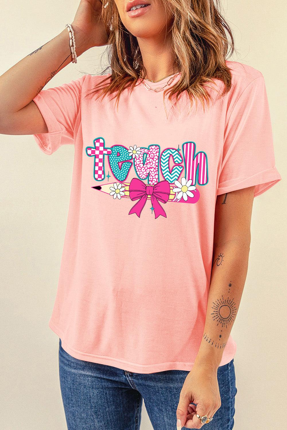 Pink Retro Checkered teach and Bow Pencil Graphic T Shirt - HieuLuxe