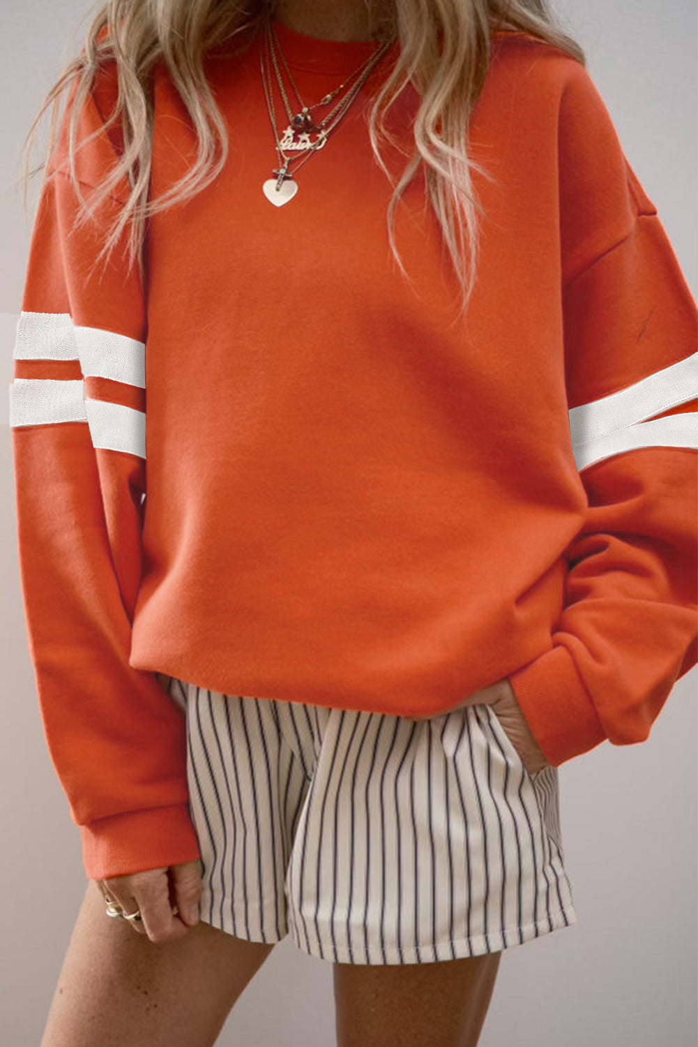 Orange Preppy Striped Sleeve Loose Sweatshirt - HieuLuxe