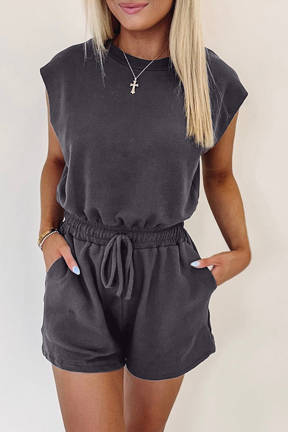 Bristol Black Backless Drawstring Waist Knit Romper - HieuLuxe